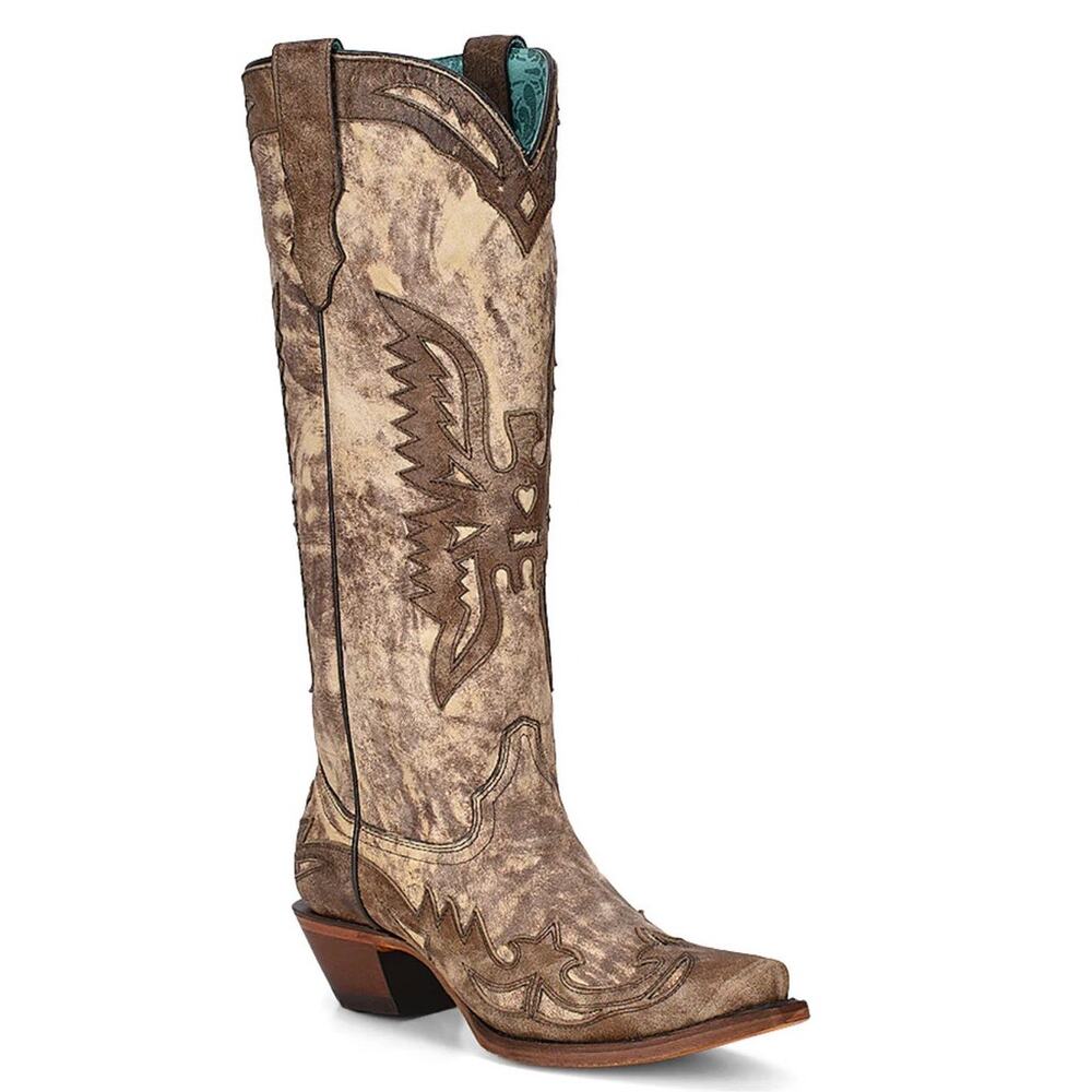 Corral Taupe Brown Eagle Overlay Tall Western Boots Snip Toe Leather Cowgirl 7M‎